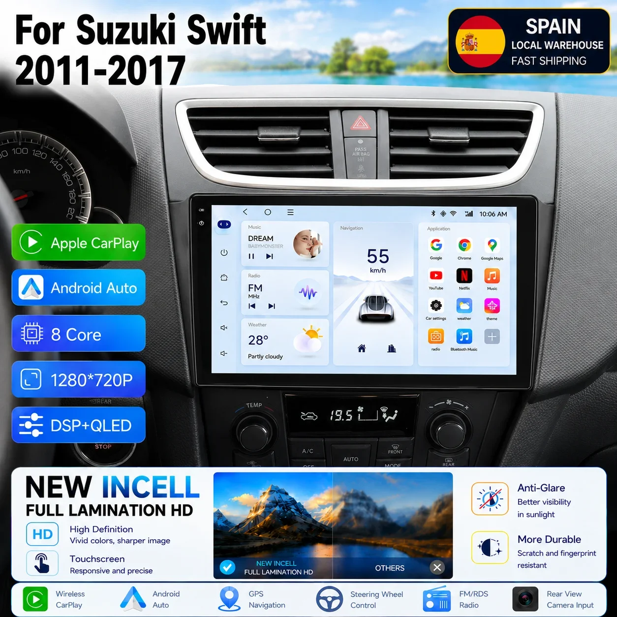 Per Suzuki Swift 2011-2017, Autoradio Android 14, 2 DIN, Lettore Multimediale Video, Navigazione GPS, CarPlay, Stereo Intelligente