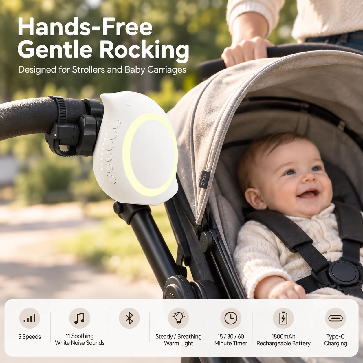Automatic Baby Stroller Rocker with 2 Mounting Brackets 1800mAh Battery Type-C Charging And Adjustable Vibration