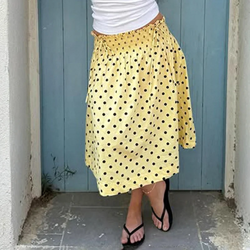 

Ticketsx Casual Polka Dot Print Ruched Skirt Patchwork Lace Up High Waist A-Line Skirt Summer Vintage Date Vacation Lady Outfits