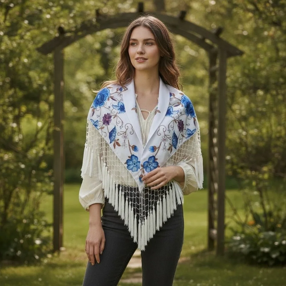 Retro Women's Floral Scarf Ethnic Style Fringed Fringed Bandana Embroidery Design Loose Fit Triangle Tassel Shawl Travel Beach