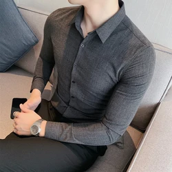 British Style Luxury Solid Dress Slim Fit Shirts Men Long Sleeve Business Simple Casual Shirt Formal Social Club Party Shirt