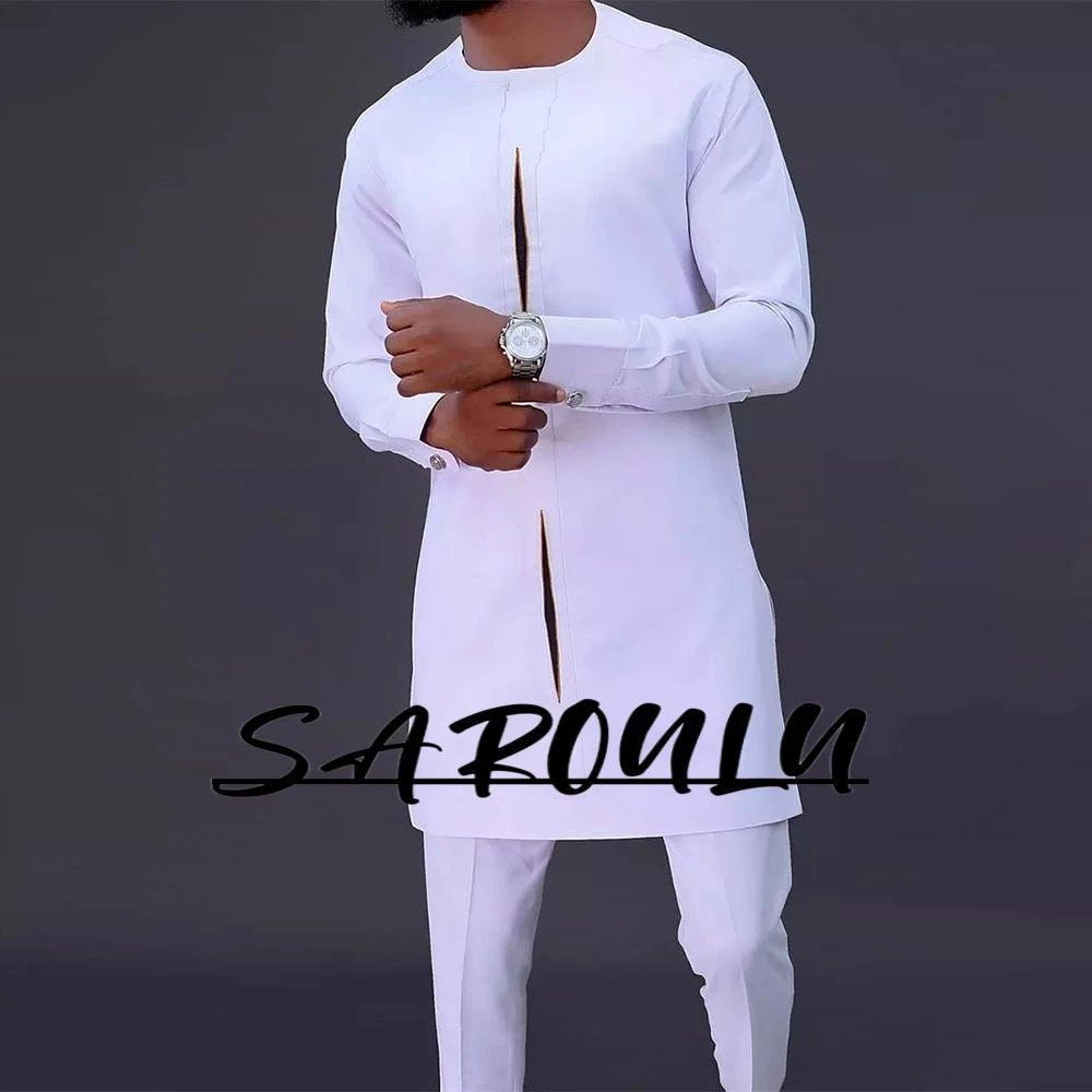 White O Neck Two Pieces Long Sleeves Men's Shirt On Sale Arabic Daily African Man Hot Sale Set Simple Fashionable Wear