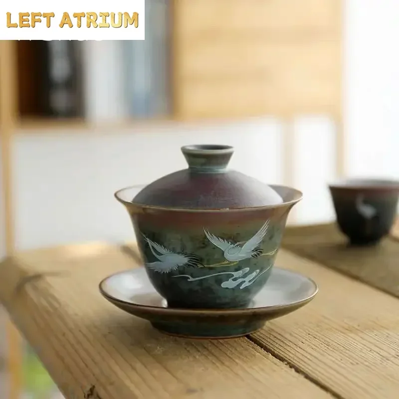 Tazón de Té de Cerámica Vintage Gai Wan Cha, Tazón de Té Kung Fu Grande Anti-Escaldaduras, Tazón de Té Sancai, Tazón de Cerámica Individual para el Hogar
