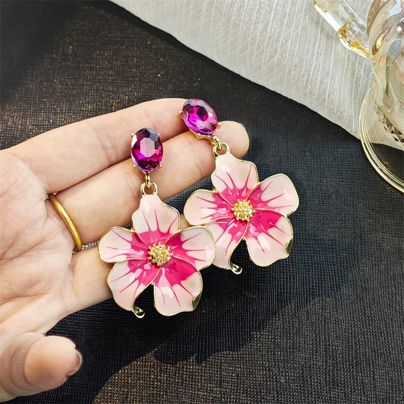 1Pair Heavy Duty Diamonds Flower Earrings Oil Drop Vintage Enamel Earrings Niche Design Earrings Sweet Premium Accessories