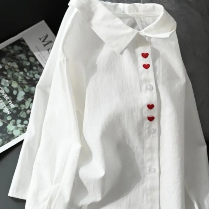 Girls' Cotton White Shirt with Sweet Embroidered Heart Long Sleeve Basic Layer for Spring Fall School Wear Kids Clothing