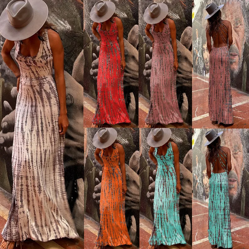 

2025 Spring Women's Dress Long Printed Loose Cross Lace Backless Dress Women's Elegant Sexy Fashionable Casual Women's Clothing