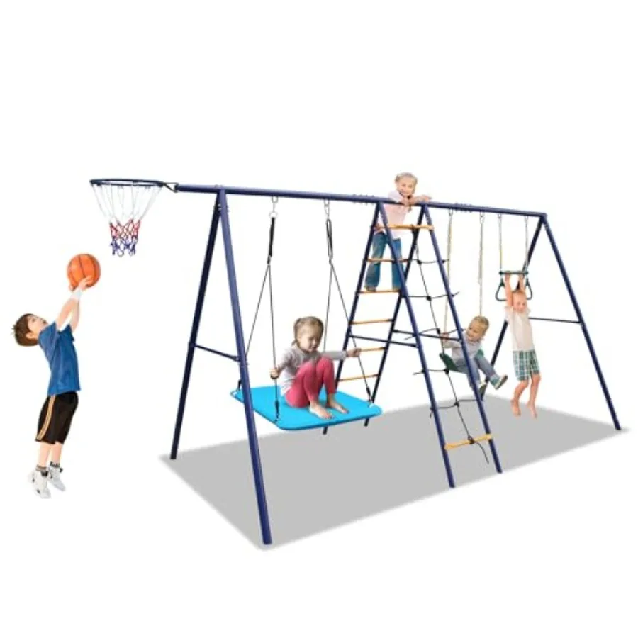 

Metal Swing Set for Backyard Outdoor Heavy Duty Playset for Toddlers Kids (5 in 1 with Trapeze Bar)