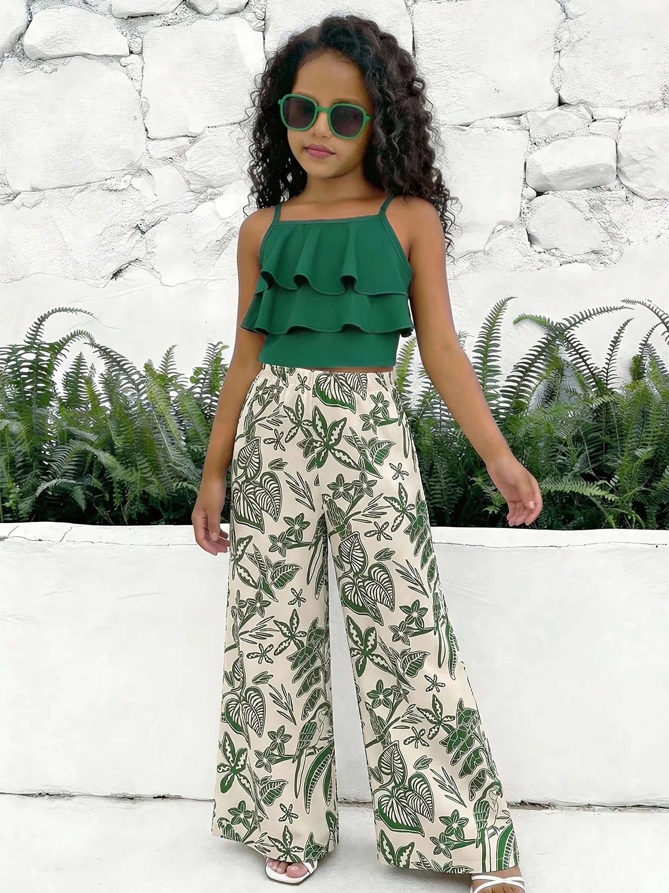 Trendy Girls 2Pcs Summer Co-Ord Set, Solid Green Layered Ruffle Camisole, Botanical Animal Print Palazzo Trousers for Beach Trip