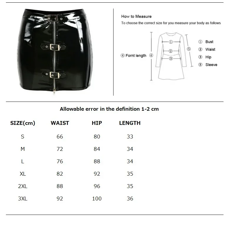 Women Button Wet Look PVC Pencil Mini Skirt Vinyl Latex Zipper Shiny Bodycon Skirt