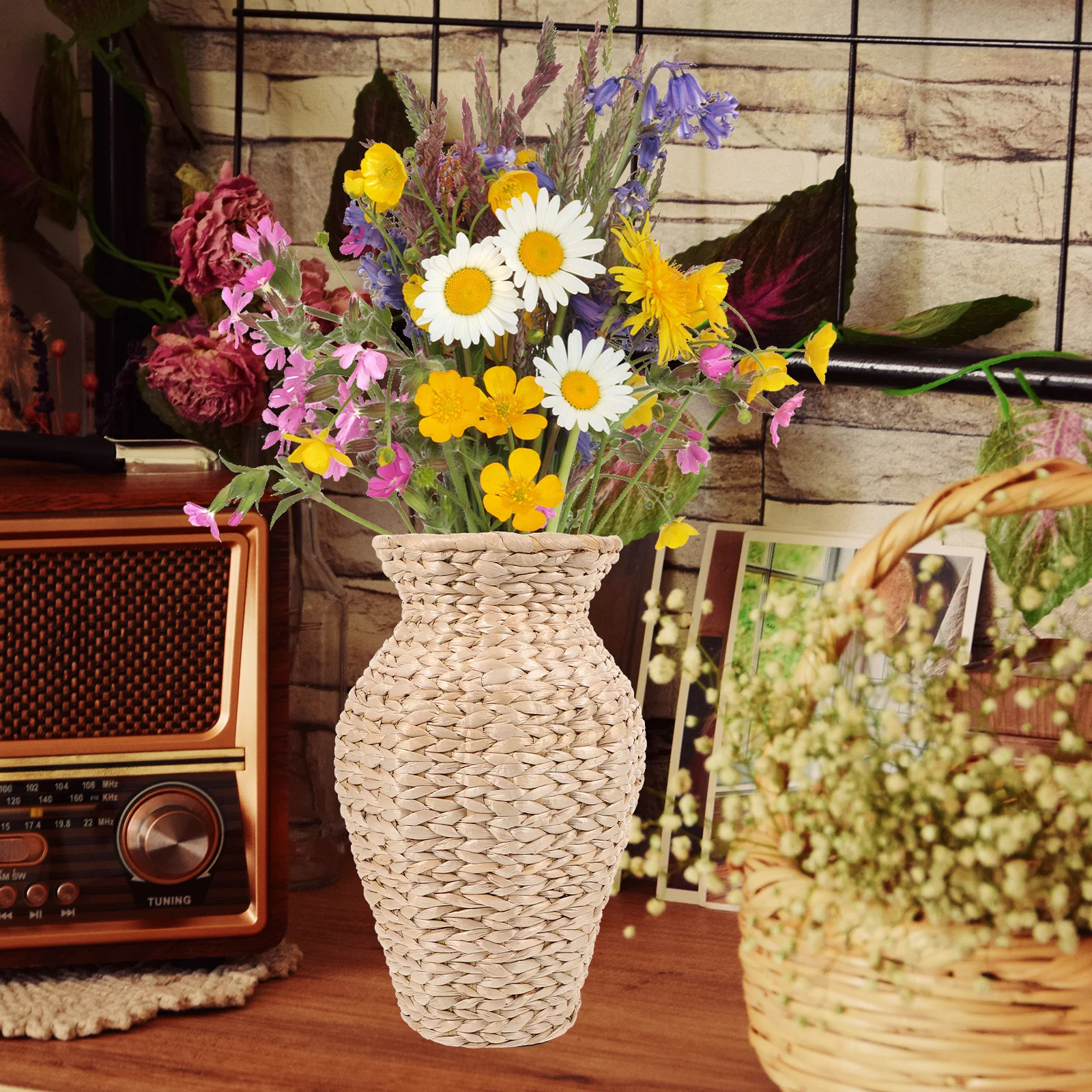 

1Pcs Simple Flower Vase Woven Plastic Holder Hanging Decor for Dried and Artificial Flowers Rope Chain Straw Braid Wedding Use