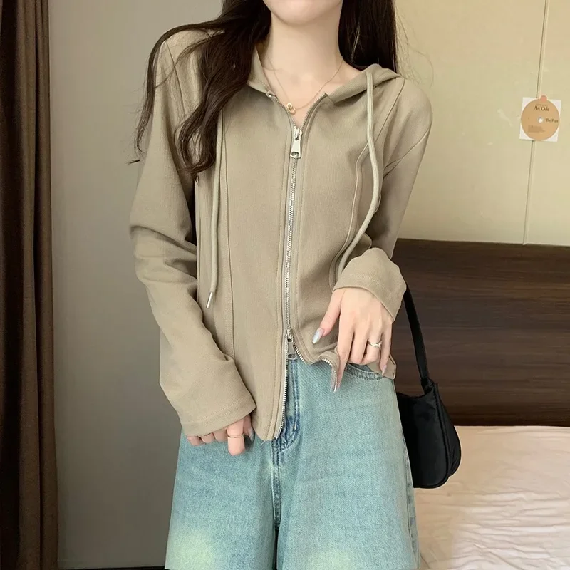 Solid Color Short Jacket Women 2024 Spring and Autumn Slim Thin Hooded Zip Long-sleeved Cardigan Versatile Casual Blouse Female