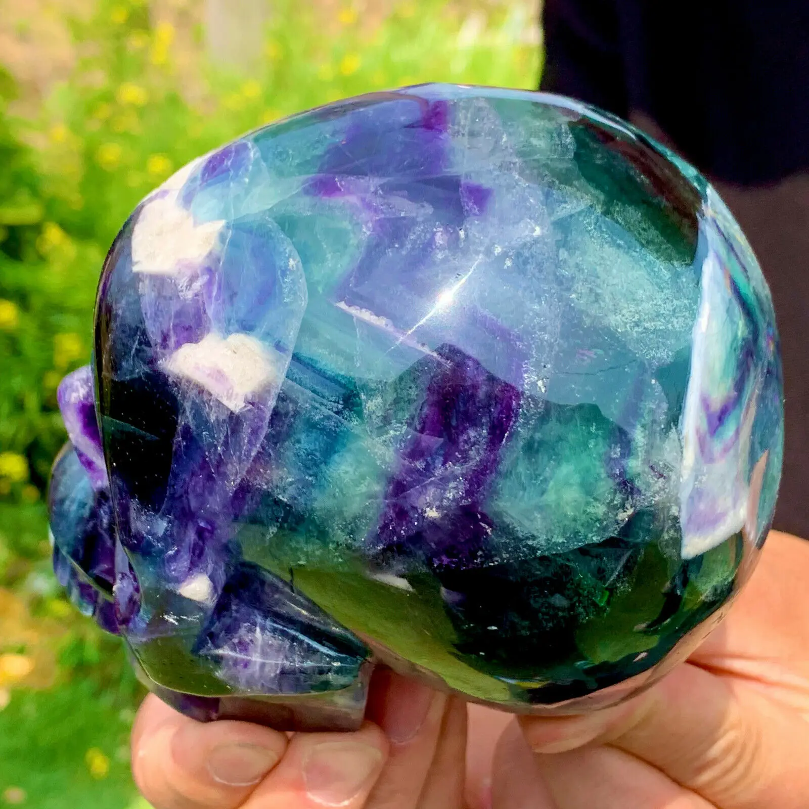 Natural Fluorite Quartz Skull Hand Carved Crystal Healing Skull Crafts Home Decoration