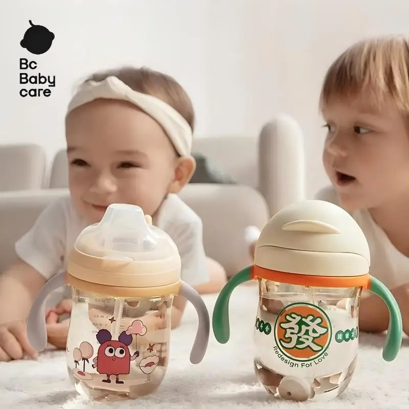 Bc Babycare 240ml Tritan/PPSU Baby Straw Cup+Sippy Cup Lid Gravity Ball Drinking Water Handle Bottle Leakproof Learn Sippy Cup