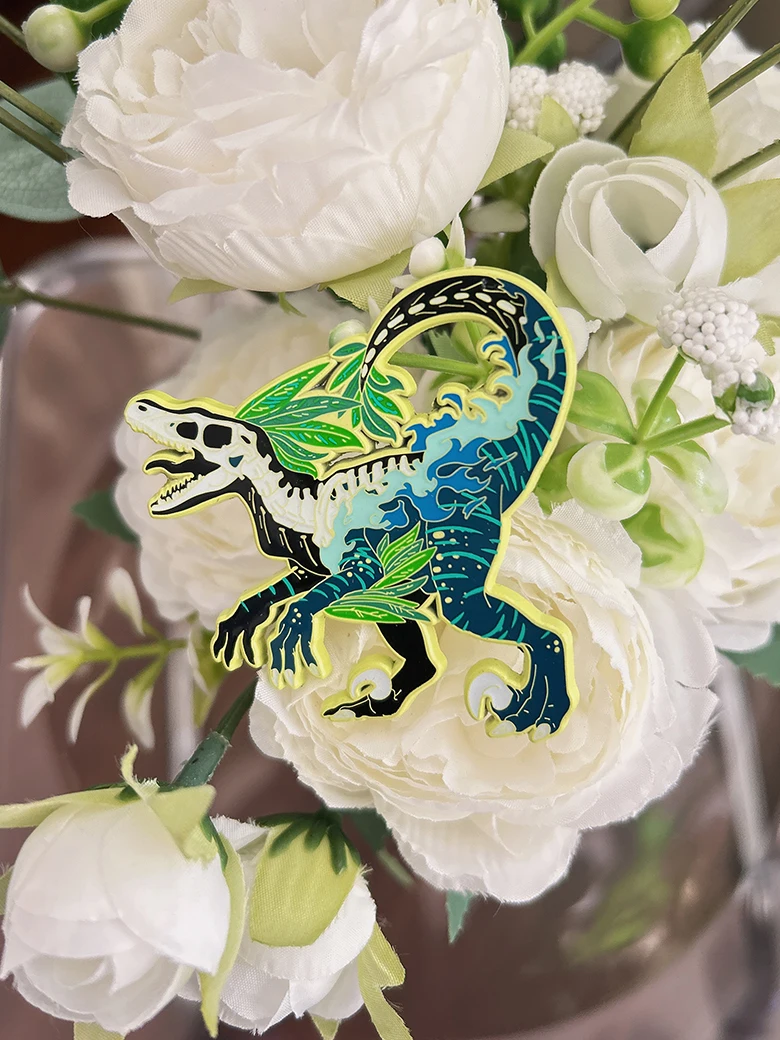 

Trader Cartoon Handsome Jungle Dinosaur Pin Animals Composed Of Green And Blue Patterns Soft Enamel Plate Yellow Metal Badge