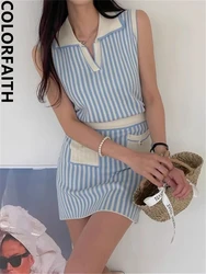 Colorfaith WS9930DG 2024 Elegant Knitted Striped Sets 2 Pieces Korean Fashion Tops With Mini Skirts Spring Summer Women Suits