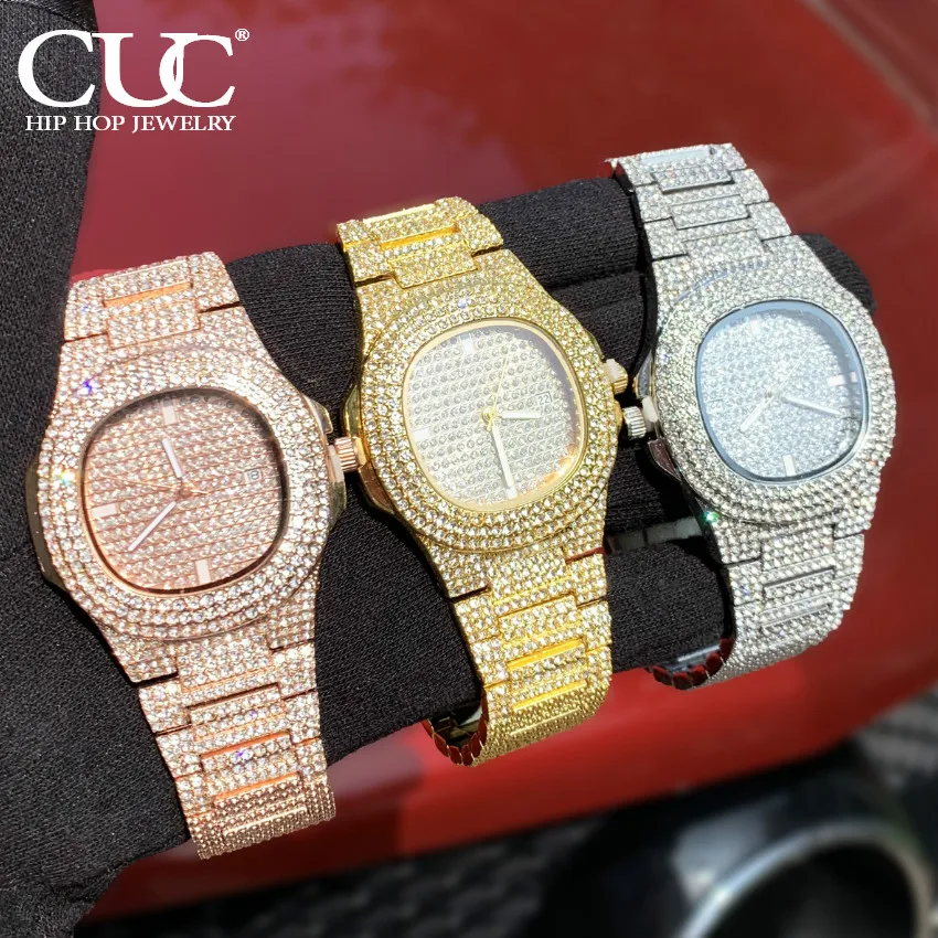 CUC Men's Full Rhinestones Watch Iced Out Fashion Stainless Steel Mesh Belt Gold Color Quartz Watches HipHop Jewelry