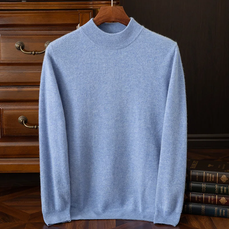 

New 100% Cashmere Men Mock Neck Half-high Pullover Sweater High Quality Solid Smart Winter Casual Jumper Cashmere Knitwear Tops