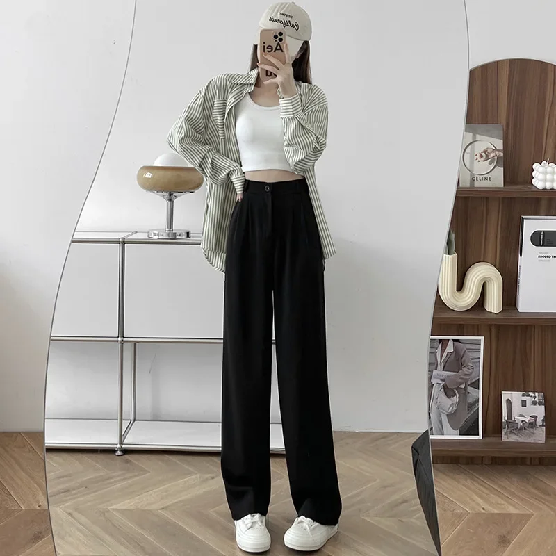 سراويل صيفية فضفاضة واسعة الساق مستقيمة القطع للنساء مقاس كبير سراويل طويلة غير رسمية باللون الأسود على شكل كمثرى #2