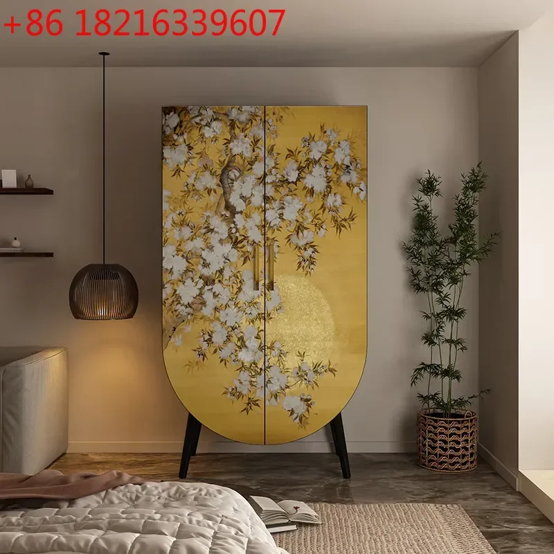 YAOMedieval Style Flower and Bird Painted Double Door Wardrobe Living Room Wall Storage Bookcase Bedroom Household Storage
