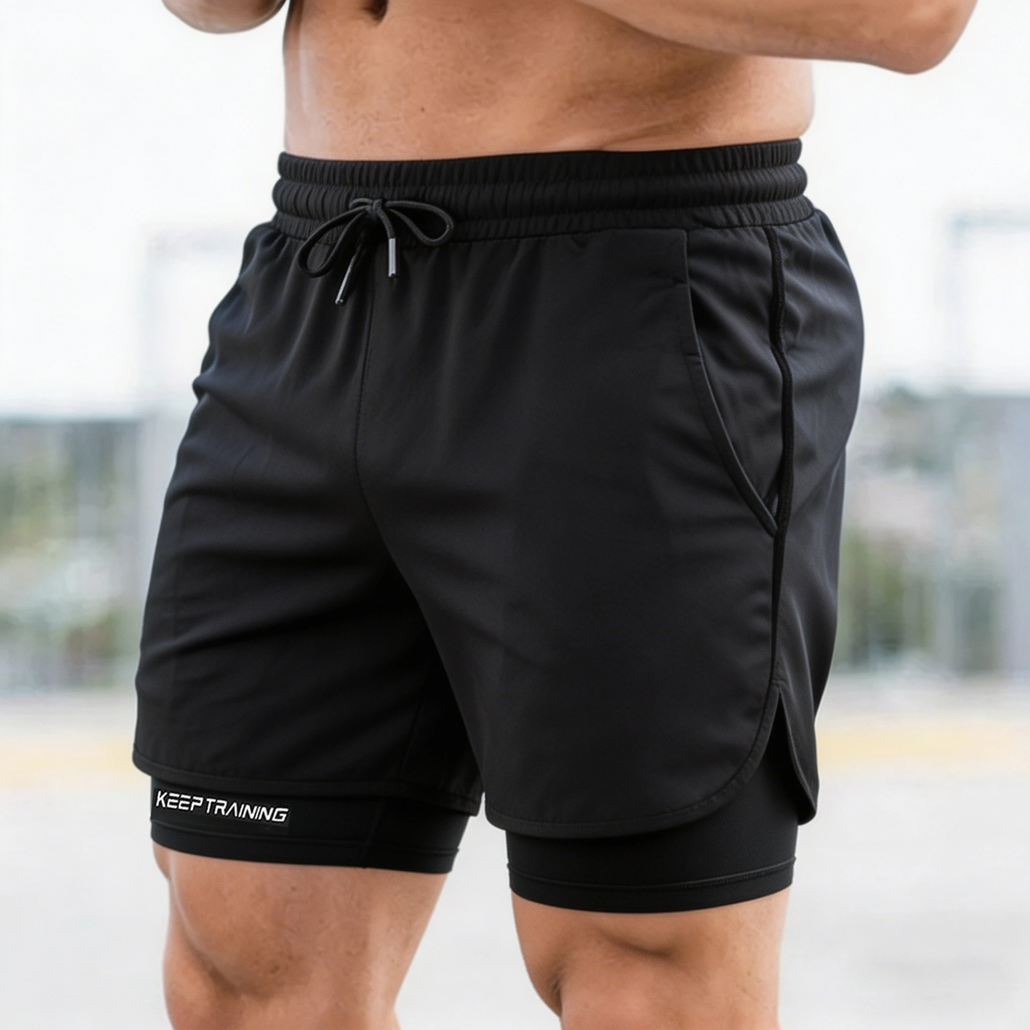 2026 Fake two pieces of summer sports shorts, men's and women's quick drying three point running training itness lining Boxer