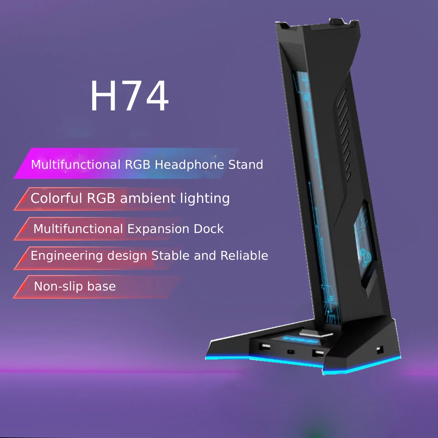 Neuer H74 RGB Gaming-Kopfhörerständer mit USB-Hub, rutschfester Basis und LED-Beleuchtung - Desktop-Organizer für PC-Gamer.