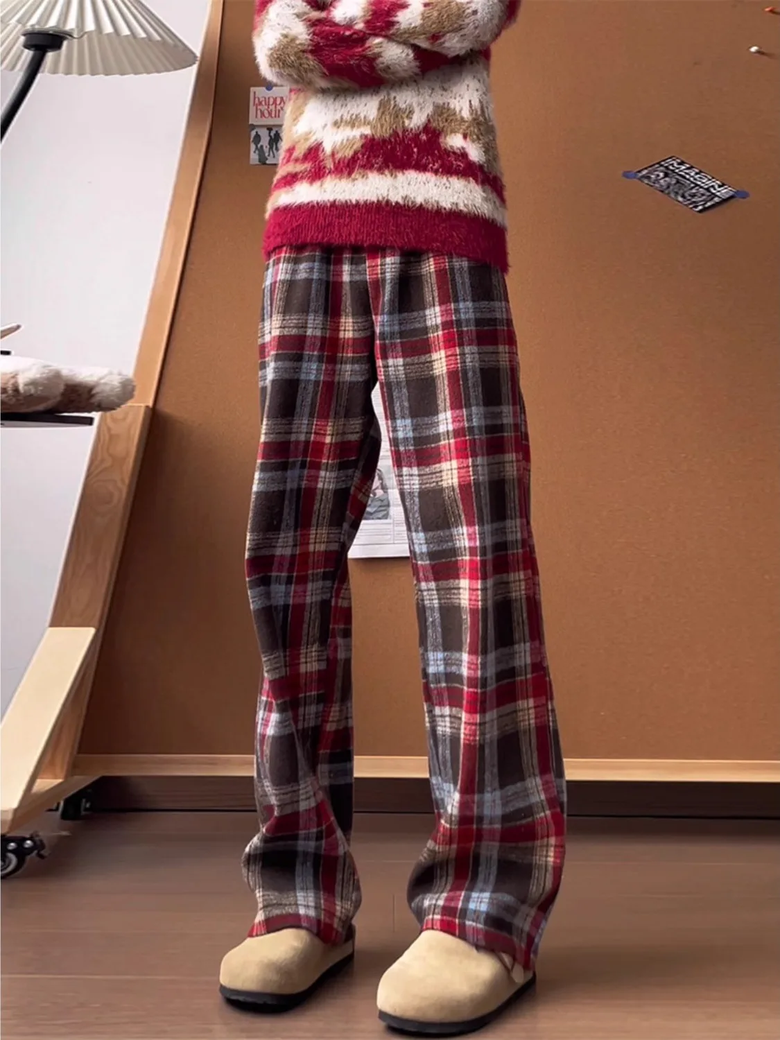 

Cleanfit Red Plaid Woolen Men's Autumn Winter American Retro Casual Pants Wide Leg Sweatpants Loose Fit Youth Trend