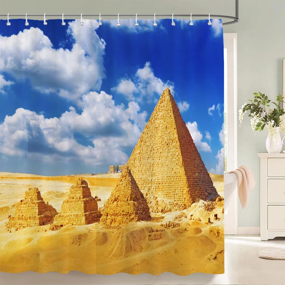 Ancient Egyptian Pyramid Sphinx Shower Curtain Desert Sunset Blue Sky Scenery Print Waterproof Fabric Bathroom Curtain With Hook