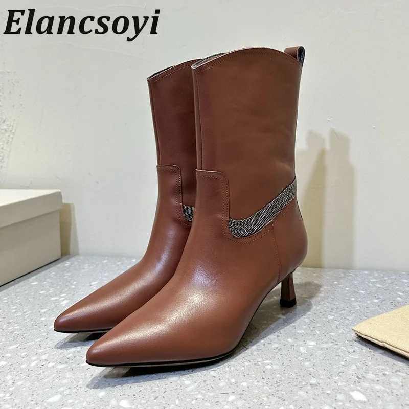 

Pointed Toe Metal Bead Thin Heel Short Boots Women's Genuine Leather British Style Mid Calf Boots Fashion Western Modern Boots