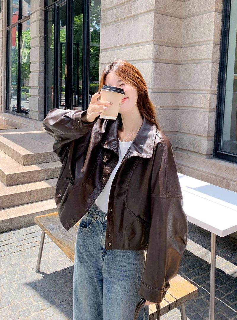 Women Faux Leather Jacket Stand Collar Snap Button Coat Oversized Drop Shoulder Bomber Y2K Retro Streetwear Autumn Outerwear Top