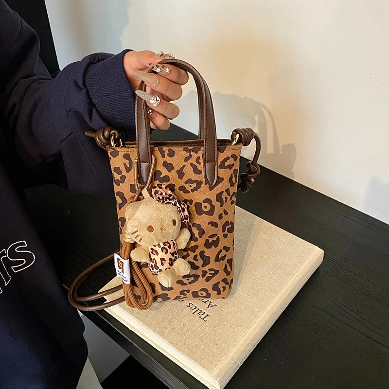 Sanrioed Hello Kittys Leopard Print Small Hand Bag Women's Fashion Mini Mobile Phone Bag Autumn Shoulder Crossbody Handbag