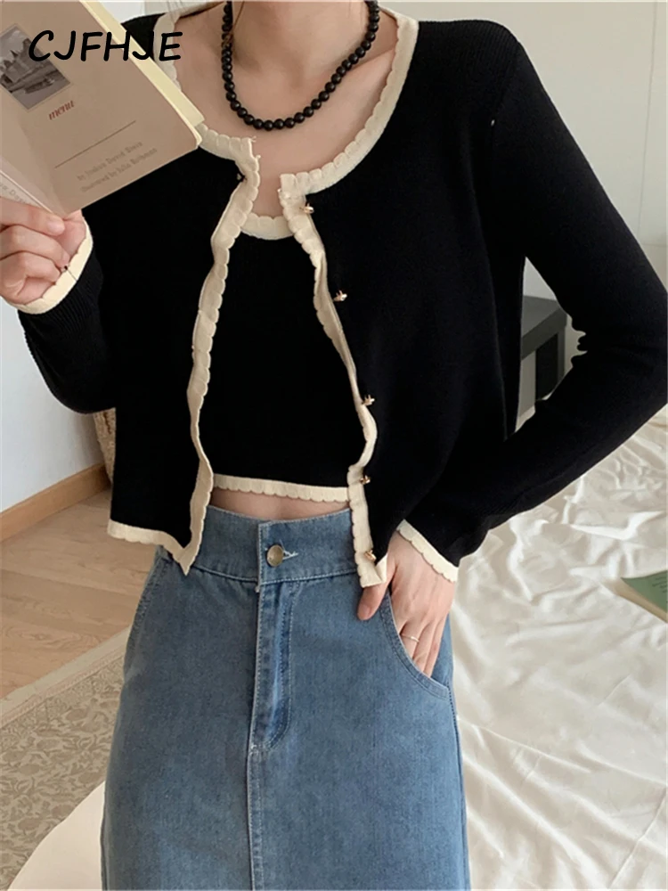 CJFHJE Sweet Korean Fashion Beige Two Piece Set Women Cardigan Black Vintage Spring Winter Knitted Cardigans Elegant Lady Tops