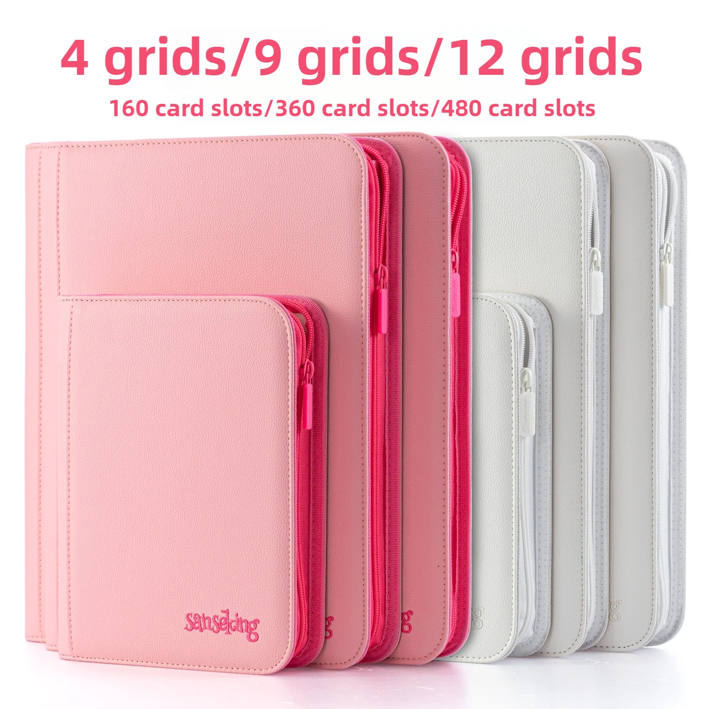 Sanseking Premium Zipper 4/9/12 Pocket PU Card Binder - Aesthetic Pink & White Album for Pokemon Cards, Game Collection & Fan