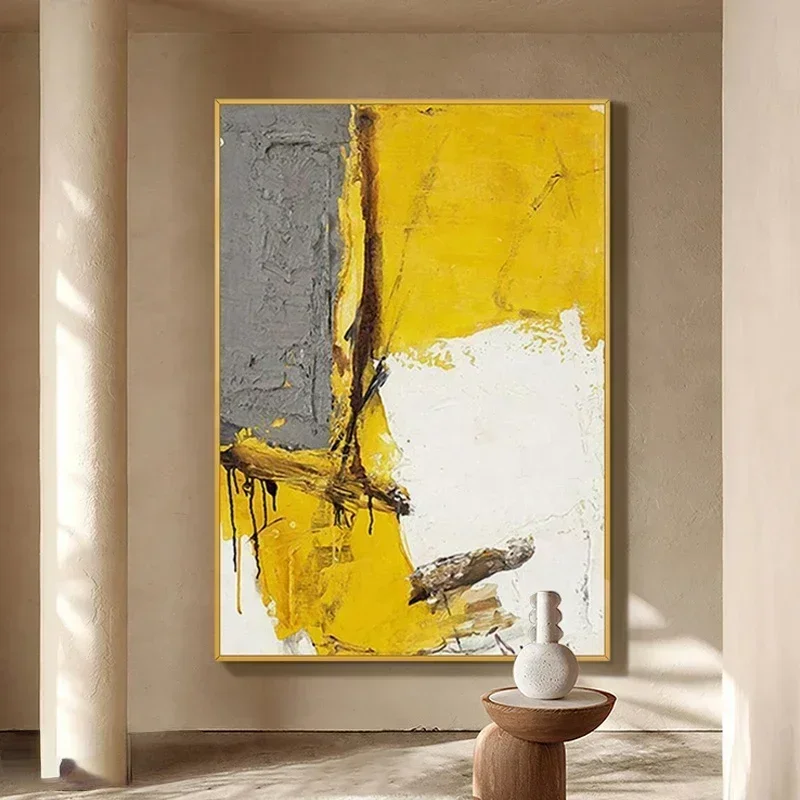 Cheap And Fine Hand-painted Modern Simple Abstract Oil Painting Living Room Yellow Spell Gray Color Large Decorative Painting Ho