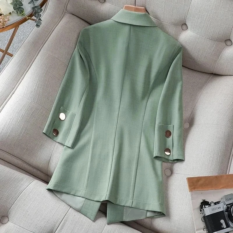 2022 Summer Solid Color Elegant Green Blazer Casual Thin Women Jacket Women\'s Korean Style V-neck Office Lady Suit Coat