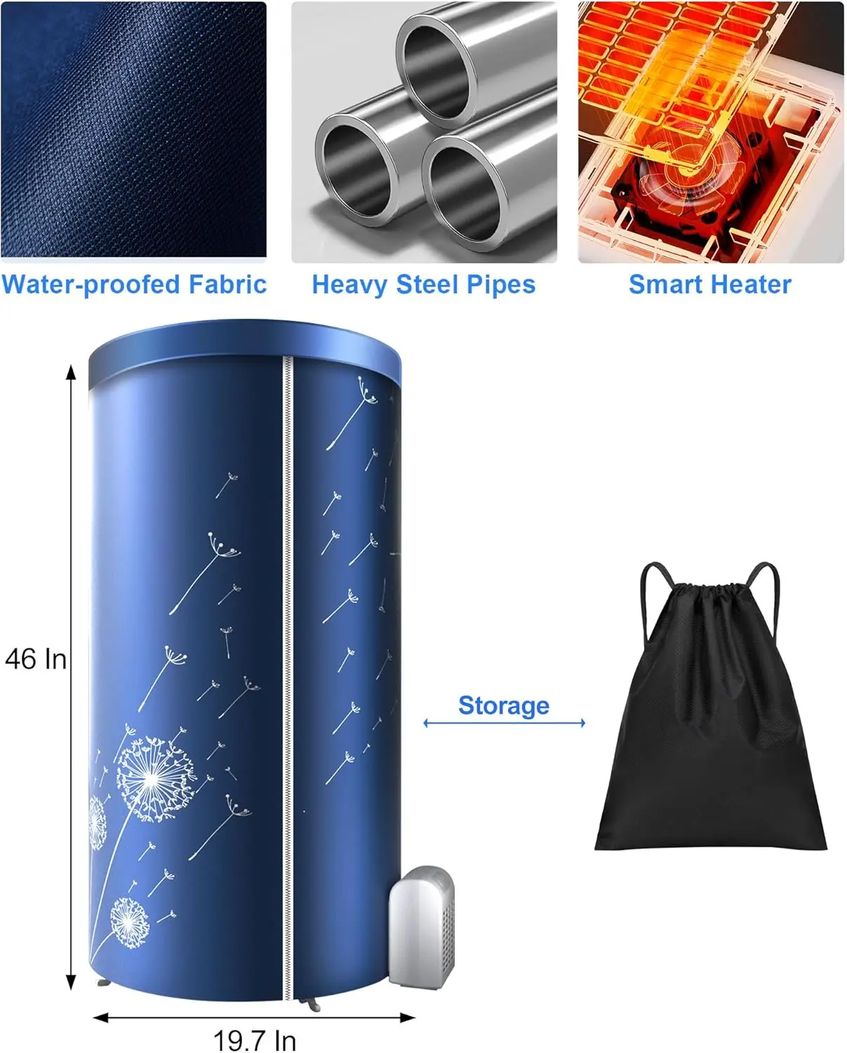 46Inch Portable Clothes Dryer, 1000W Mini Dryer with Storage Bag for Home, Travel, RVs
