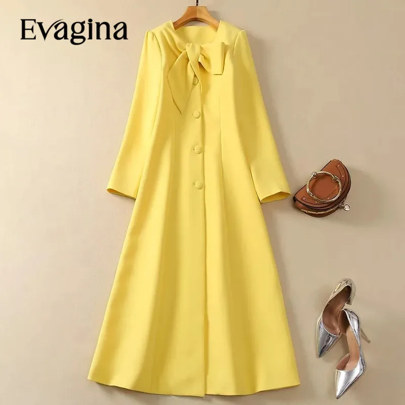 

Evagina New Fashion Runway Designer Women's Autumn Long Sleeved Bowtie Single Breasted Yellow Coat Jacket