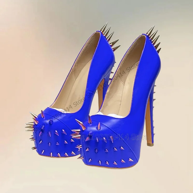 

Multi Colors Spikes Decor Round Toe Platform Pumps Slip On Women Shoes Thin High Heels Fashion Banquet 2023 Zapatos Para Mujere