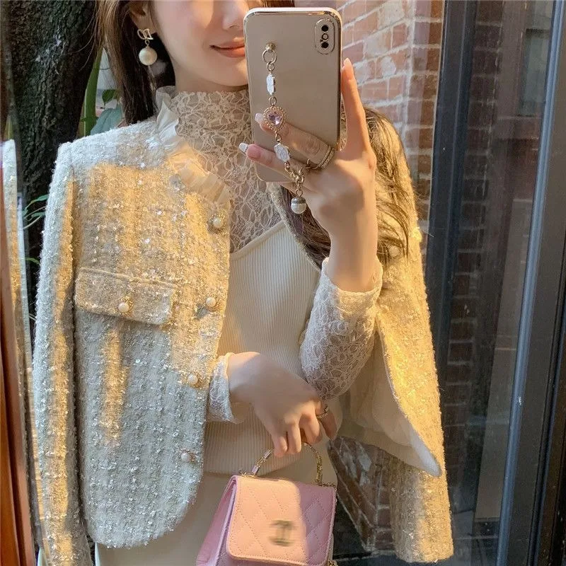 

Temperament Sequin Coarse Tweed Jacket Women Fashion Lace Patchwork Beads Sweet Celebrity Apricot Slim Spring Female Chic Coat