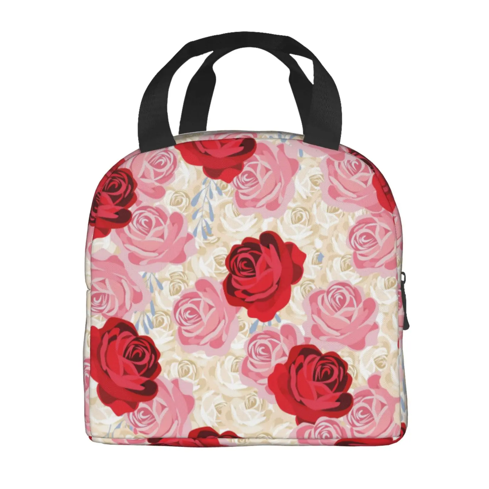 Red Roses Reusable Lunch Bag for Women Cooler Waterproof Lunch Boxes Reusable Tote Bag for Picnic Office Work