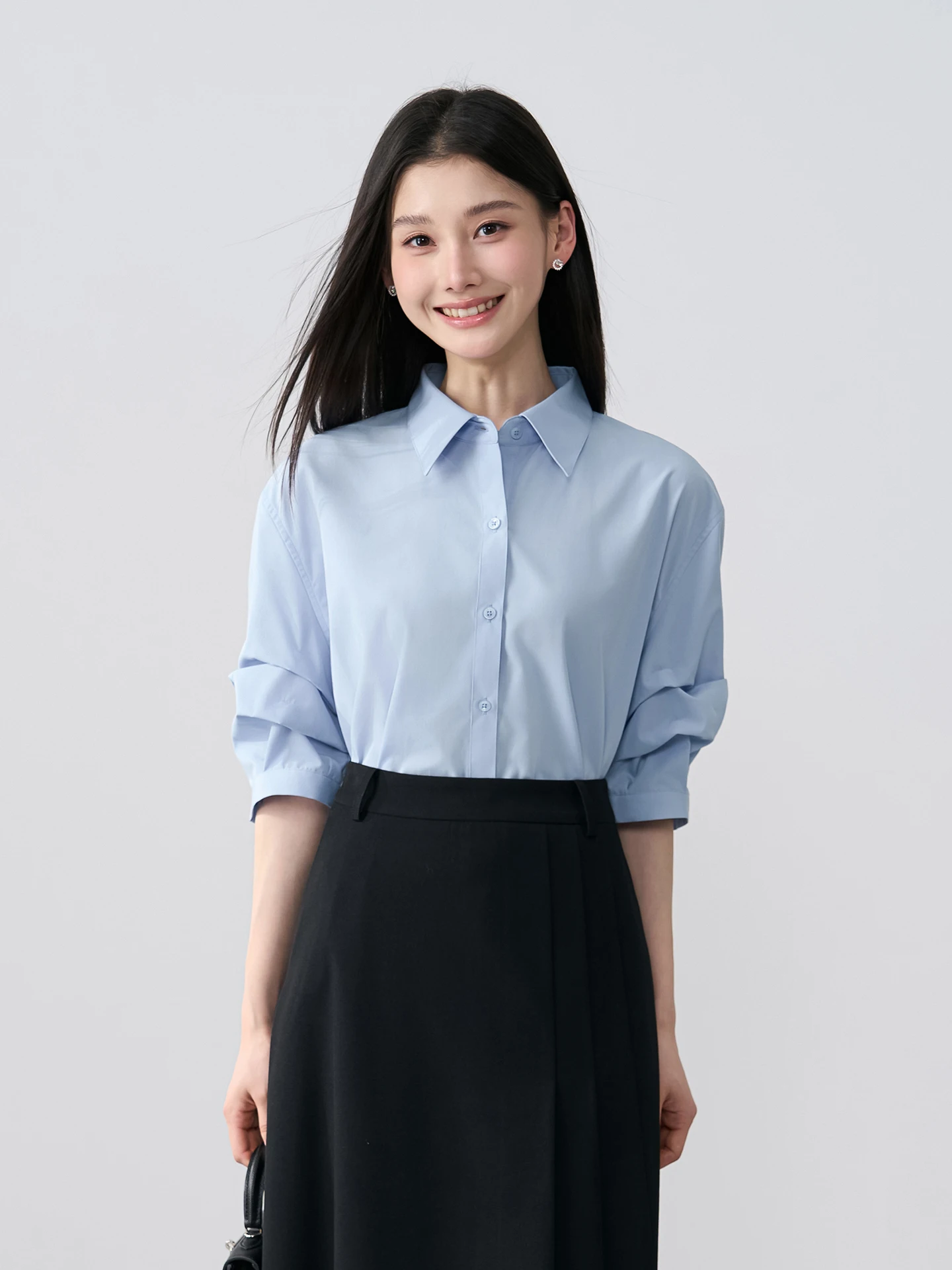 

Blue Short Sleeve Shirt for Women Professional Interview Casual Wear Summer Fashion Inner Wear Top by Miss Bird Simple Style