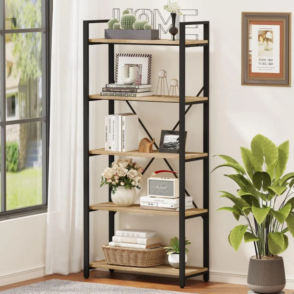 5 Tier Bookshelf Industrial Wood and Metal Book Shelves for Display Tall Etagere Bookcase and Rustic Shelving Unit