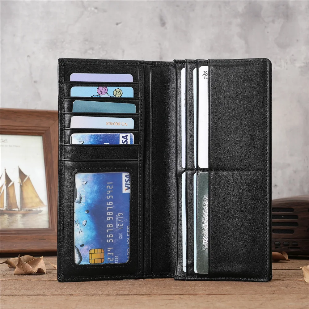 

Genuine Leather Long Wallet Men Large Capacity Organizer Black Bifold Travel Wallets Cardholder Slim Wallet Men