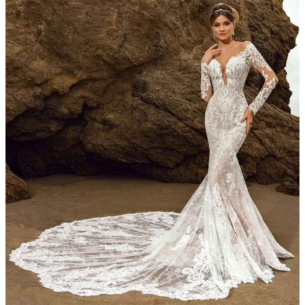 

Newest Beach Sexy Long Sleeve Mermaid Wedding Dresses Lace Applique Over Luxury Wedding Dress Bridal Gowns Customized