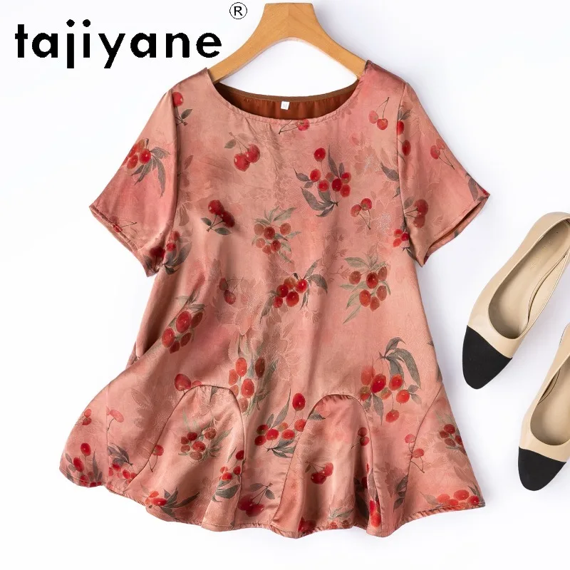 TAJIYANE 100% Real Mulberry Silk Shirt Jacquard Xiangyunsha Women T Shirts Babydoll Tops for Woman Clothing Tee Shirt Femme 티셔츠