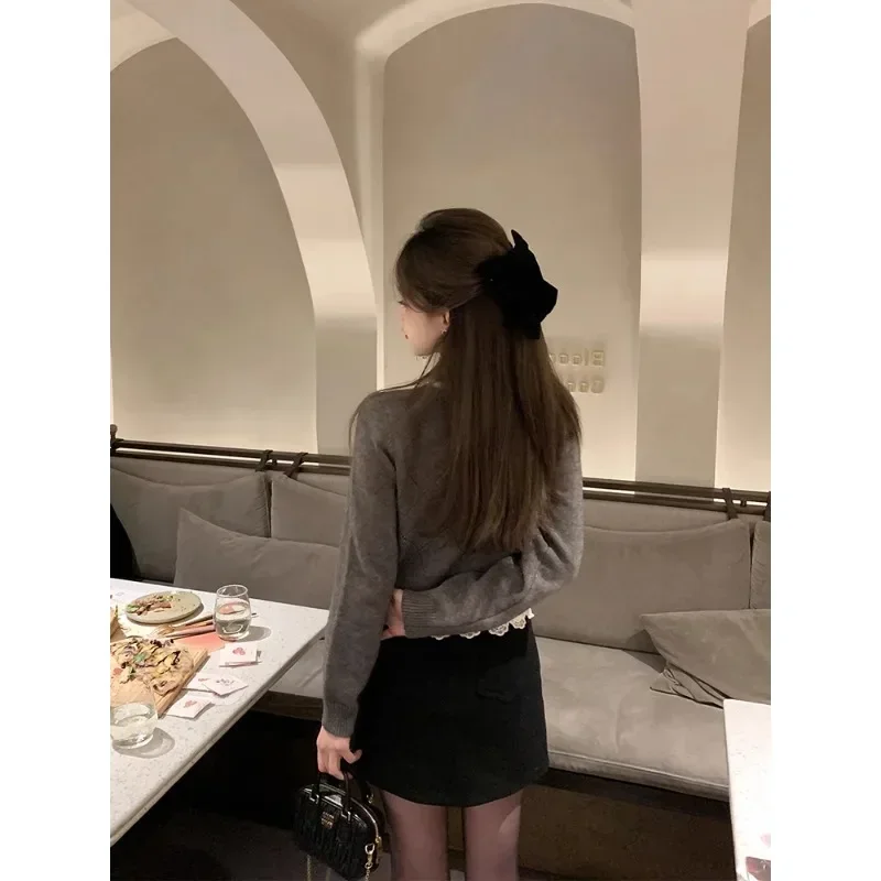 ถักเสื้อสเวตเตอร์ถักผู้หญิง PURE Lust สไตล์สีดํา LACE-up Bow ฤดูใบไม้ร่วงใหม่ SLIM FIT เอวสั้นเสื้อกันหนาว Keep WARM ยืดเล็กน้อย