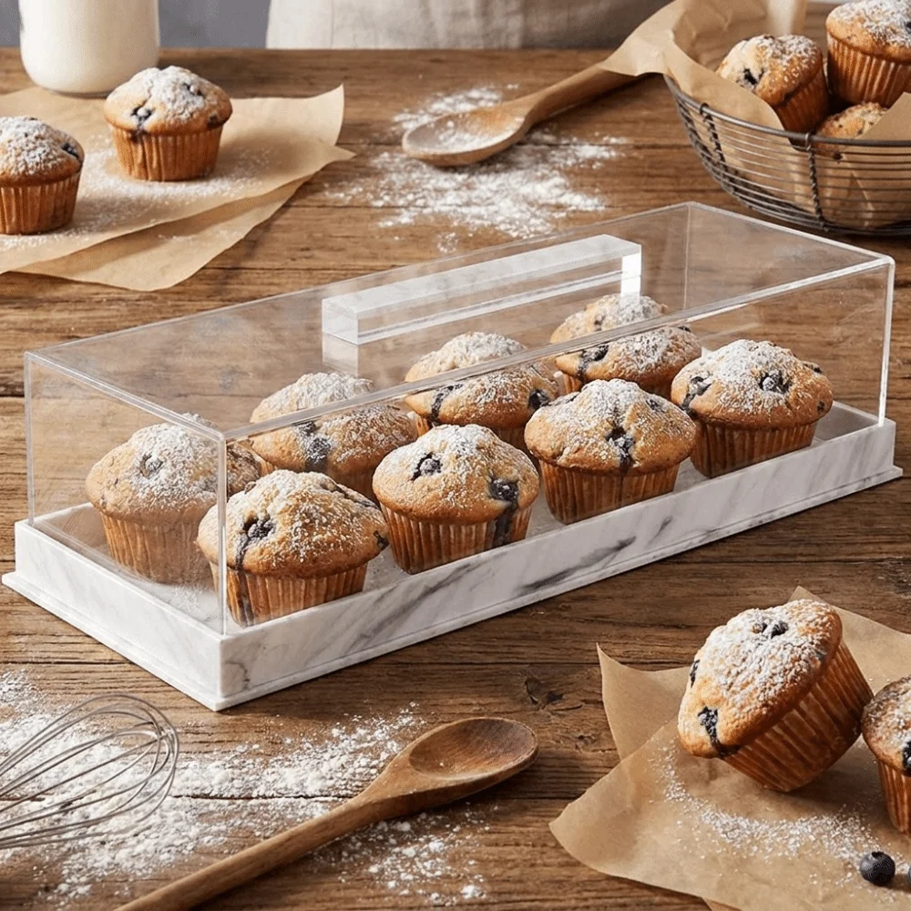 Marbled Pattern Rectangular Acrylic Bread Box Non-slip Bottom with Clear Lid Dessert Display Rack Dust-proof