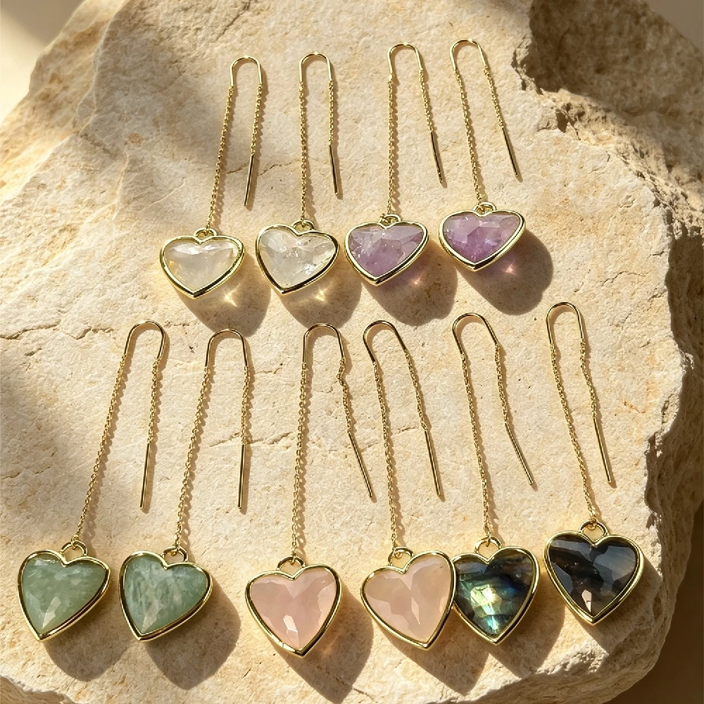Heart Natural Gemstone Threader Drop Earrings Long Chain Dangle Ear Jewelry For Women Gold Plated E2R475