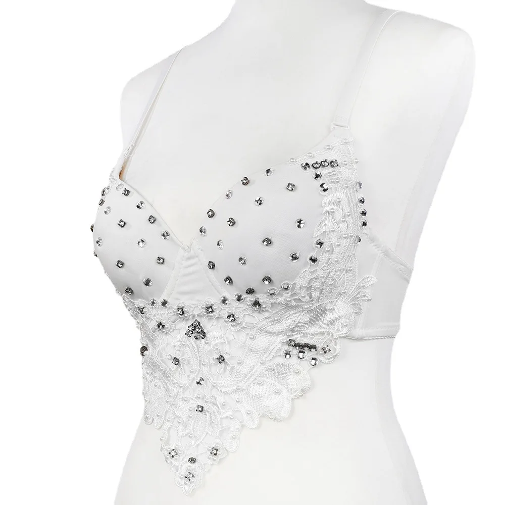 Lace Camis Women Crop Top Rhinestones Pearl Bra Top Night Club Show Festival Party Tank Top Hot Girl crop tops women 2023