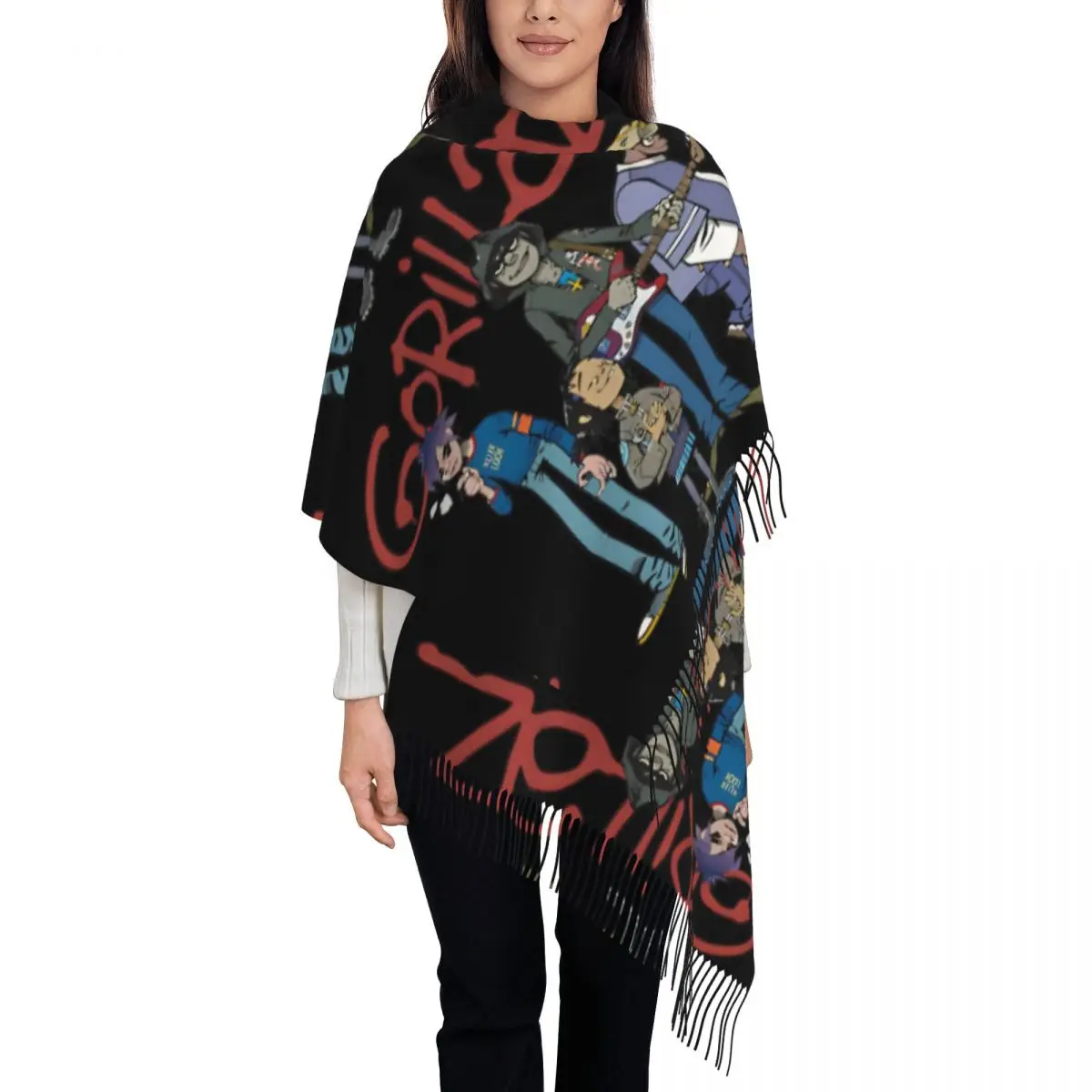 Womens Tassel Scarf Rock Music Gorillaz Large Winter Fall Shawl and Wrap Vintage Y2K Daily Wear Cashmere Scarf