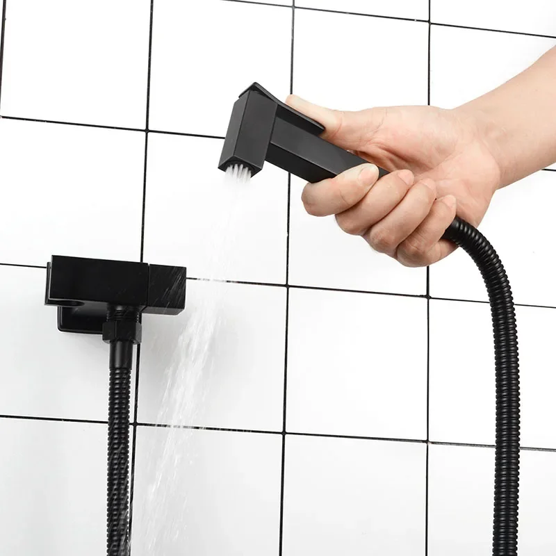 Matte Black Square Toilet Bidet Sprayer Kit. Wall Mounted Bathroom Brass Bidet Faucet With Bracket 1.5 & 3 Meter Shower Hose